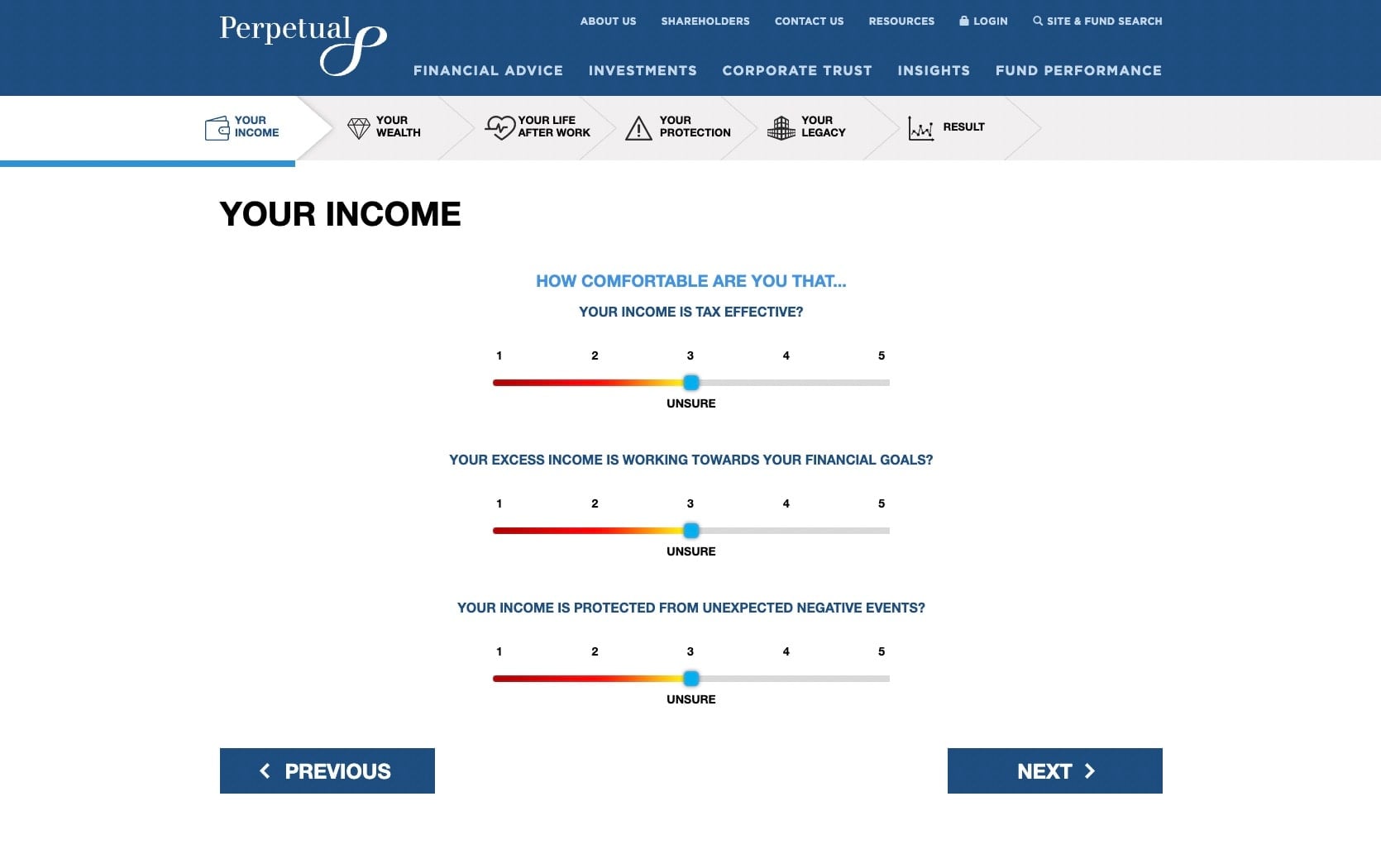 Financial Health Calculator question screen with slider ratings
