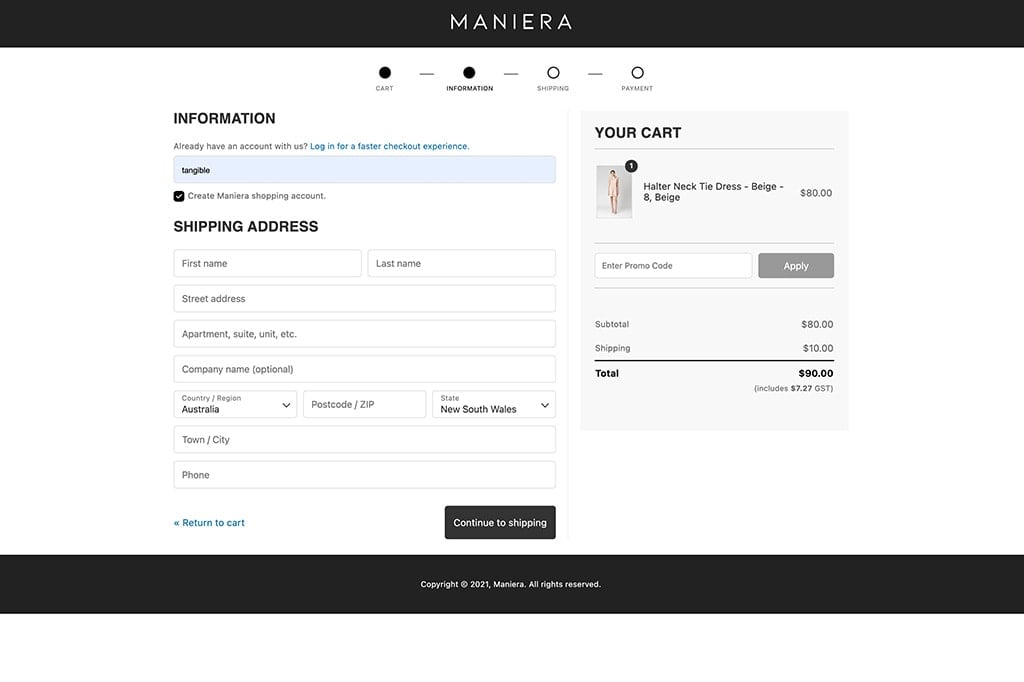 The Maniera checkout information step, showing shipping address fields and the cart summary