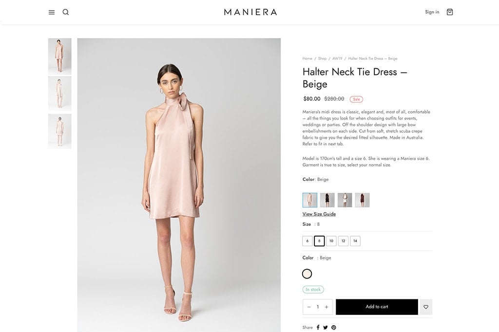 A Maniera product page with image gallery, colour swatches, size selection, a size guide link and an add-to-cart button
