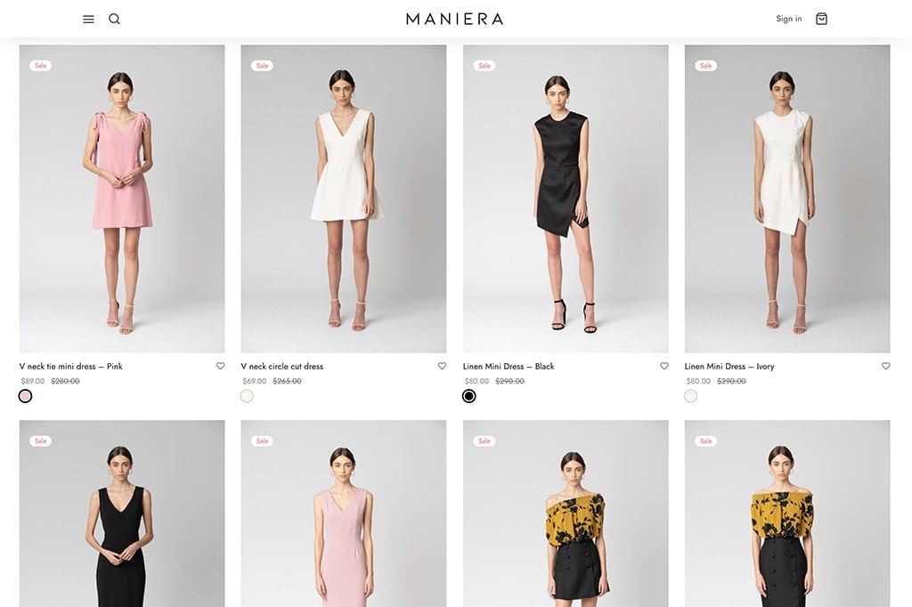 Product listing on the Maniera online store, with sale badges, colour swatches and wishlist icons