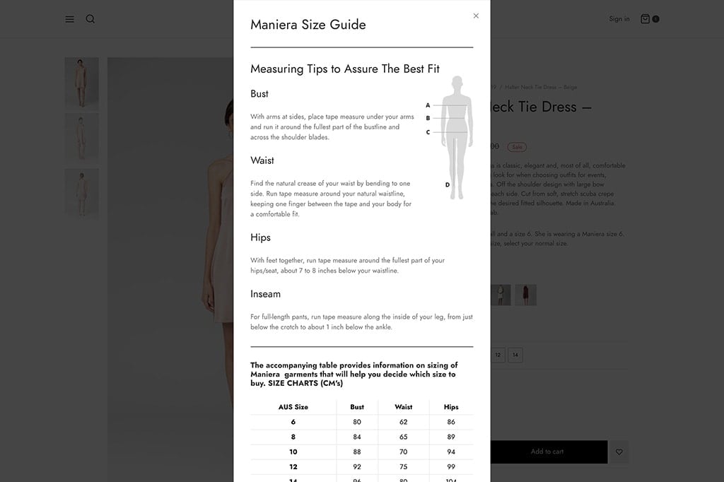 The Maniera size guide, opened over a product page, with measuring tips and a size chart