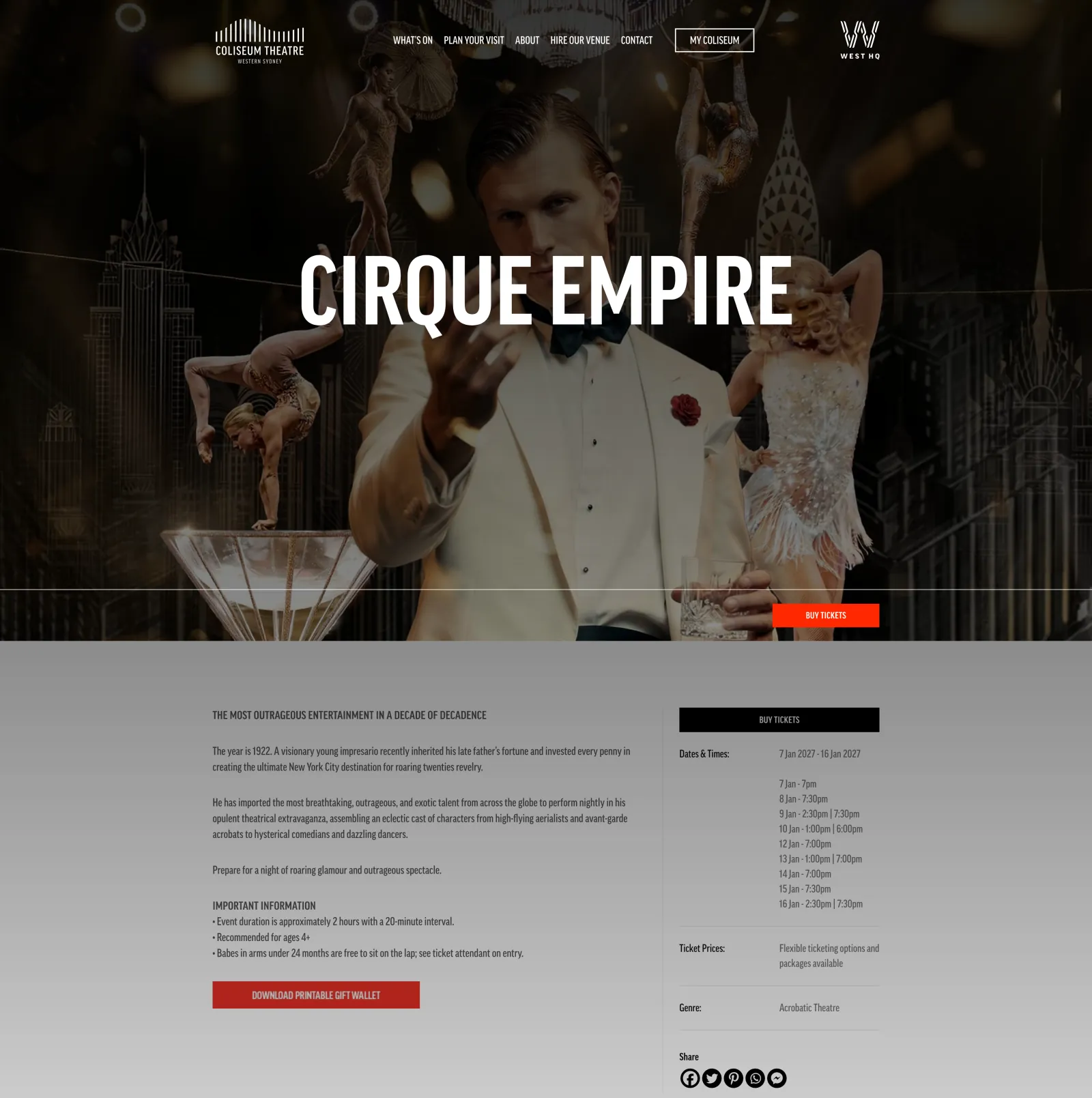 A Coliseum Theatre event page for Cirque Empire, with a large hero image, event description, booking button and a dates and ticket panel