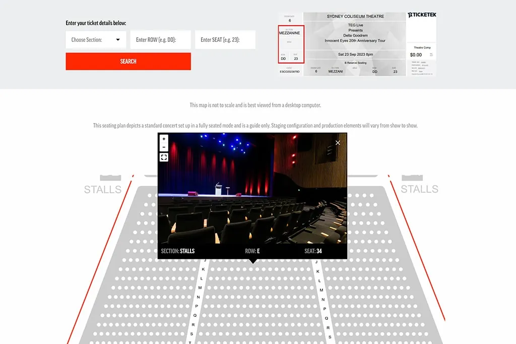 Seat View on the Sydney Coliseum Theatre website: a 360-degree photo from a stalls seat, shown over the seating map