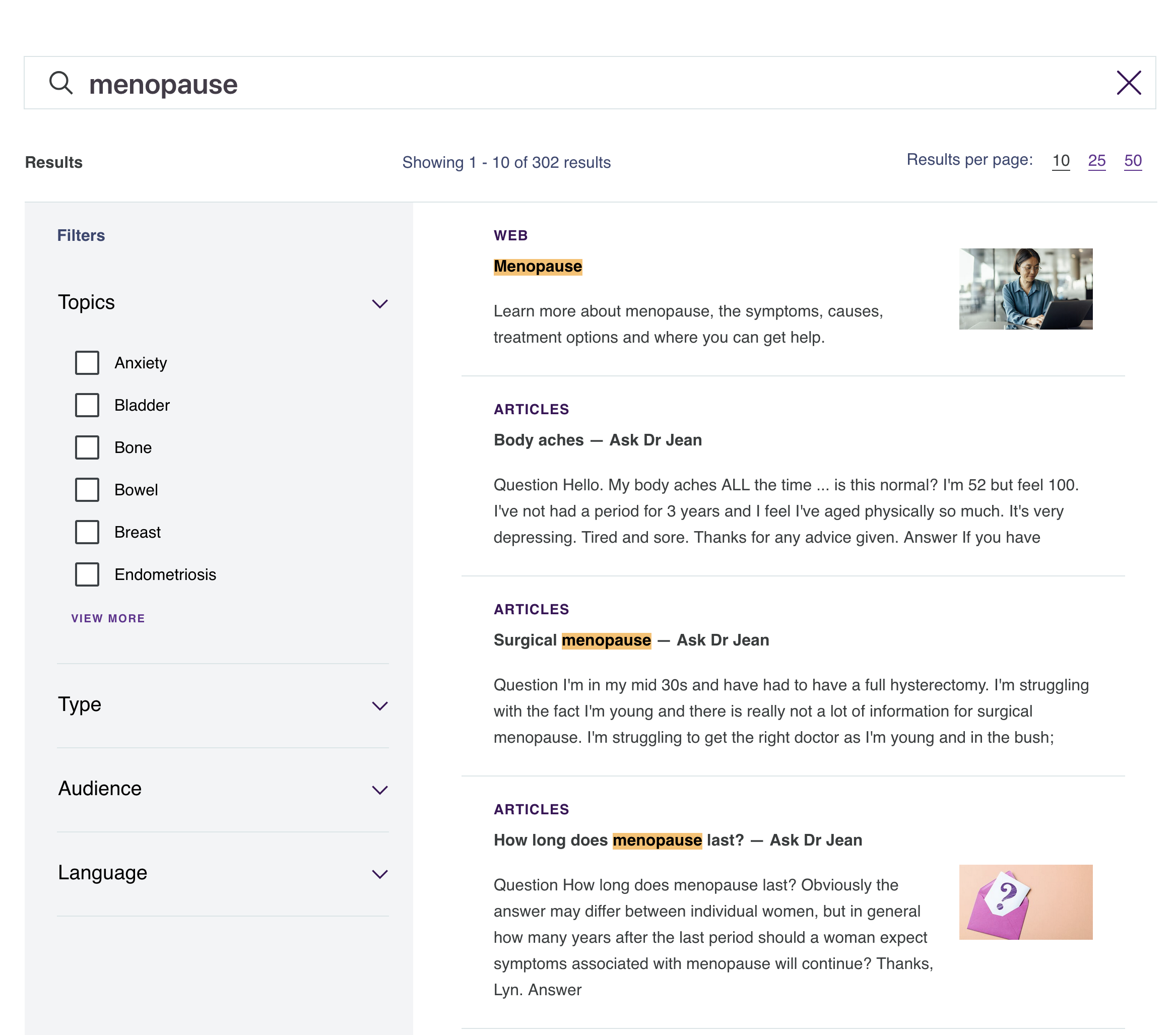 Jean Hailes for Women's Health site search showing results for menopause, with topic filters